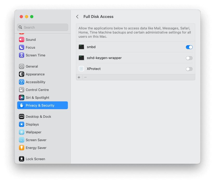 macOS Sonoma turn on full disk access