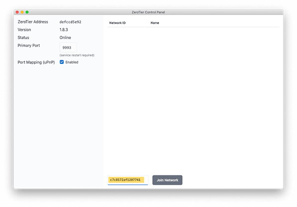 Open the ZeroTier Control Panel on Mac