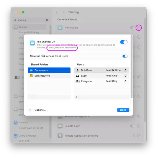 Connect to Mac via SFTP File Sharing settings